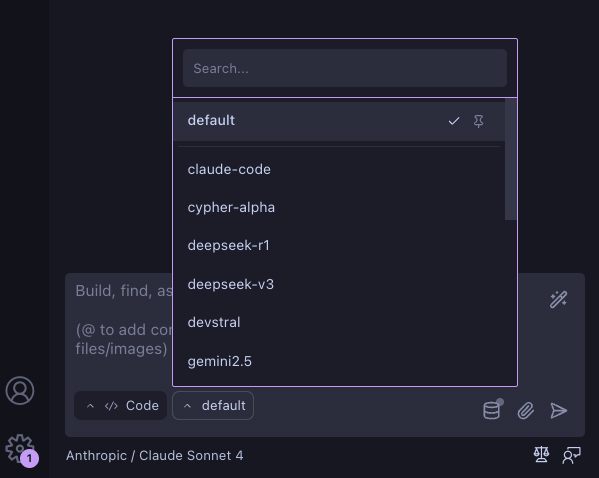 API Configuration dropdown in chat interface