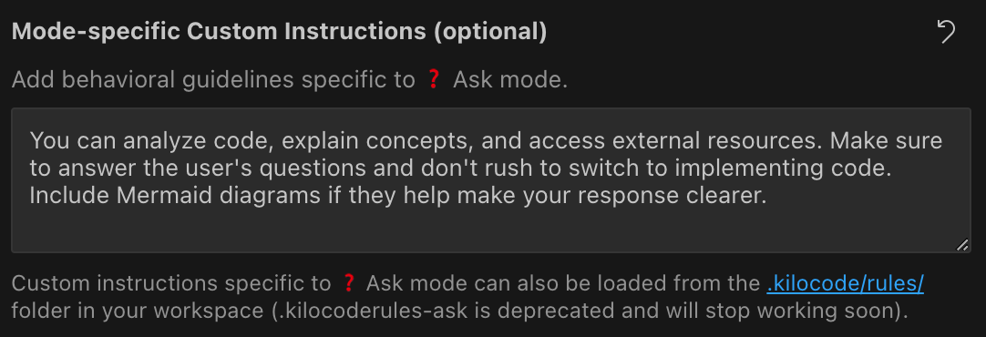 Kilo Code Modes tab showing mode-specific custom instructions interface