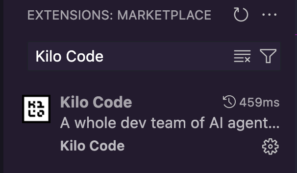VS Code marketplace with Kilo Code extension ready to install
