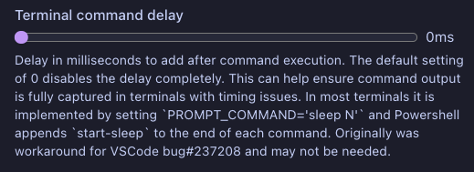 Terminal command delay slider set to 0ms
