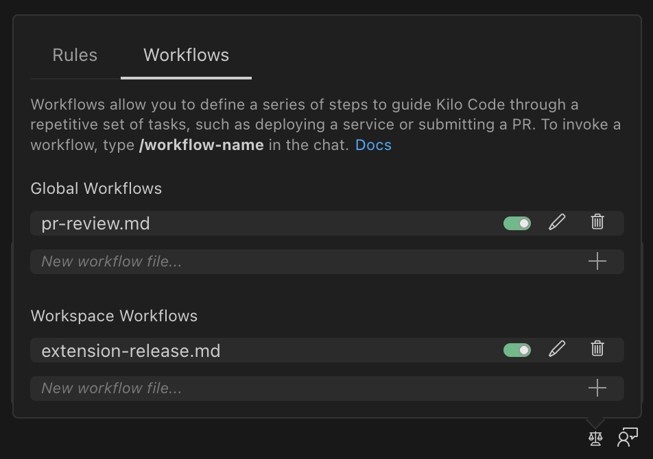 Workflows tab in Kilo Code